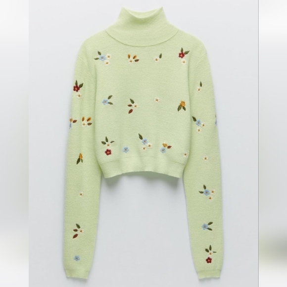 Zara Alpaca Wool Floral Embroidery Turtle Kneck Cropped Knit Sweater NWOT - Picture 1 of 12